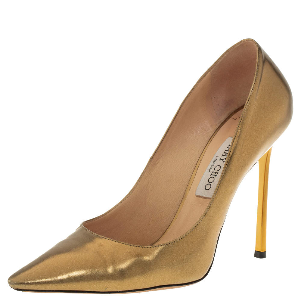 Jimmy Choo Gold Leather Romy Pointed Poe Pumps Size 40.5