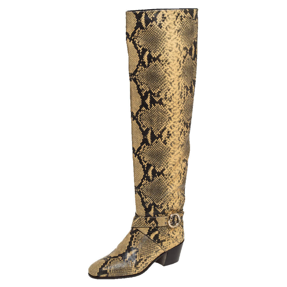 Jimmy Choo Yellow/Black Snake Print Leather Beca Over The Knee Boots Size 38