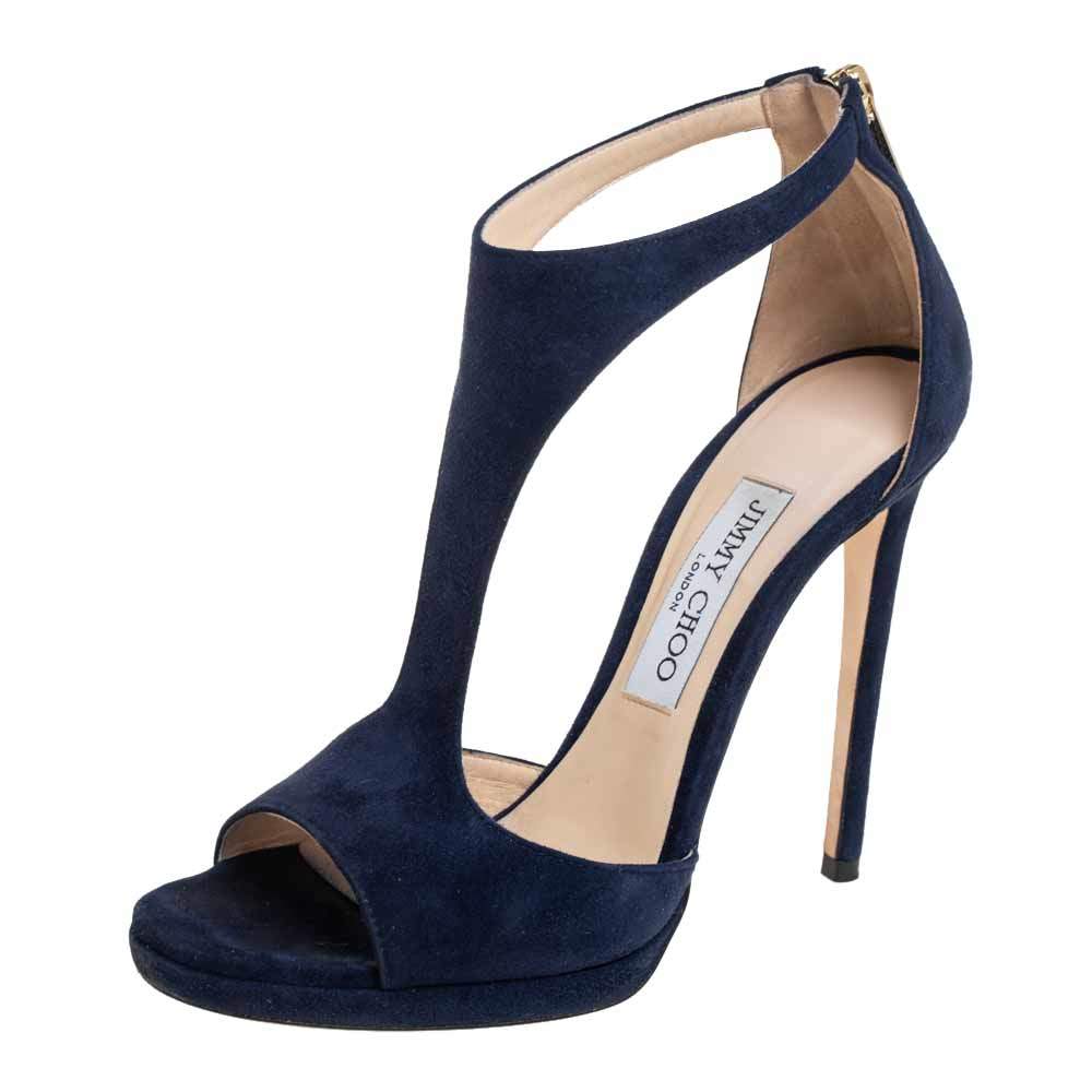Pre Owned Jimmy Choo Navy Blue Suede Lana Open Toe Sandals Size 37.5