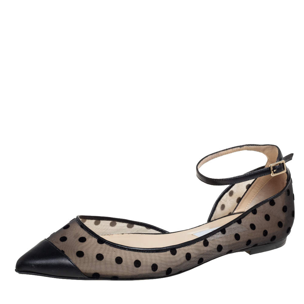 مملوكة مسبقًا حذاء باليرينا فلات جيمي تشو لوسي شبك منقط بولكا دوت و جلد أسود مقاس 40
