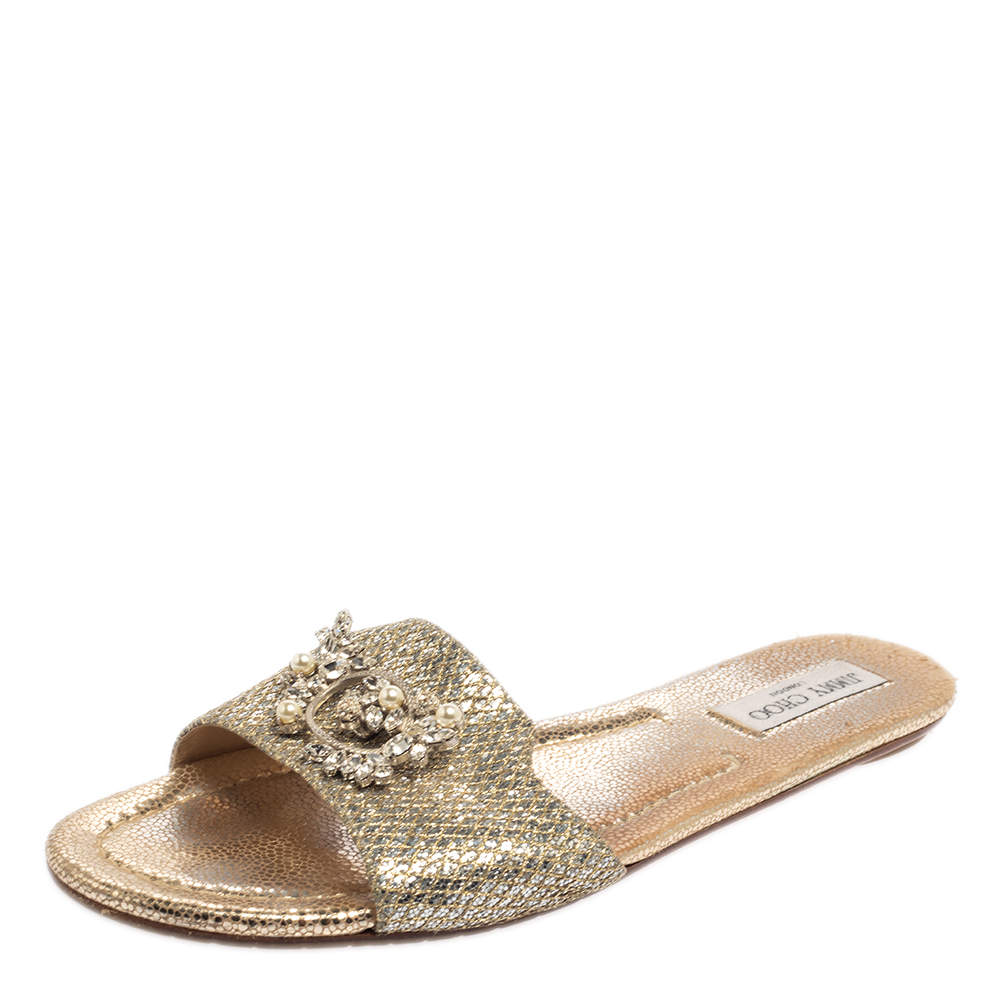 Pre Owned Jimmy Choo Silver Glitter And Lamé Fabric Embellished Flat Slides Size 41.5
