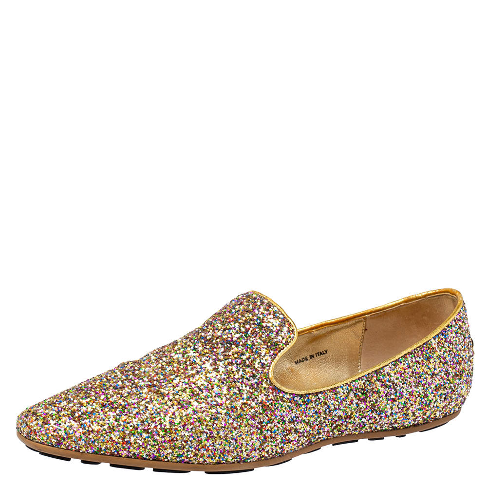 Jimmy Choo Gold Glitter Sloane Smoking Slippers Size 38