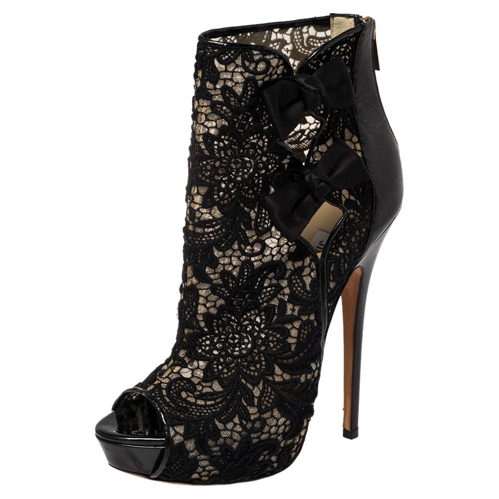 Pre Owned Jimmy Choo Black Lace And Patent Leather Bow Peep Toe Platform Booties Size 39