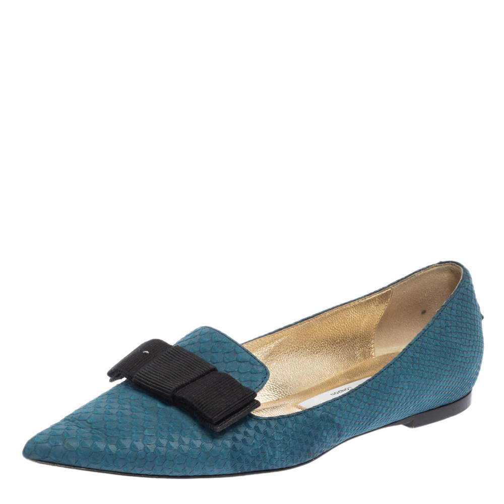 Jimmy Choo Blue Snake Embossed Leather Gala Bow Ballet Flats
