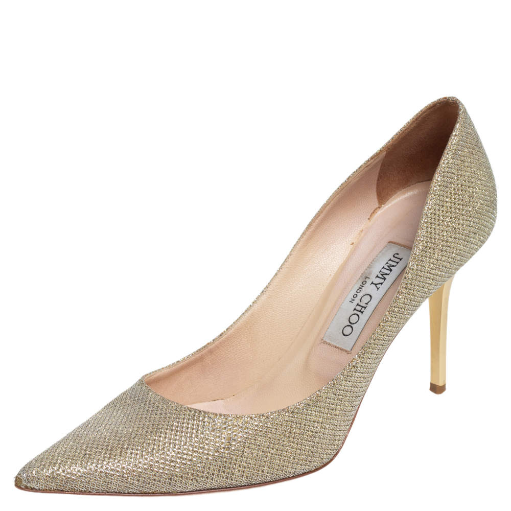 Jimmy Choo Metallic Gold Fabric Romy Pointed Toe Pumps Size 37.5