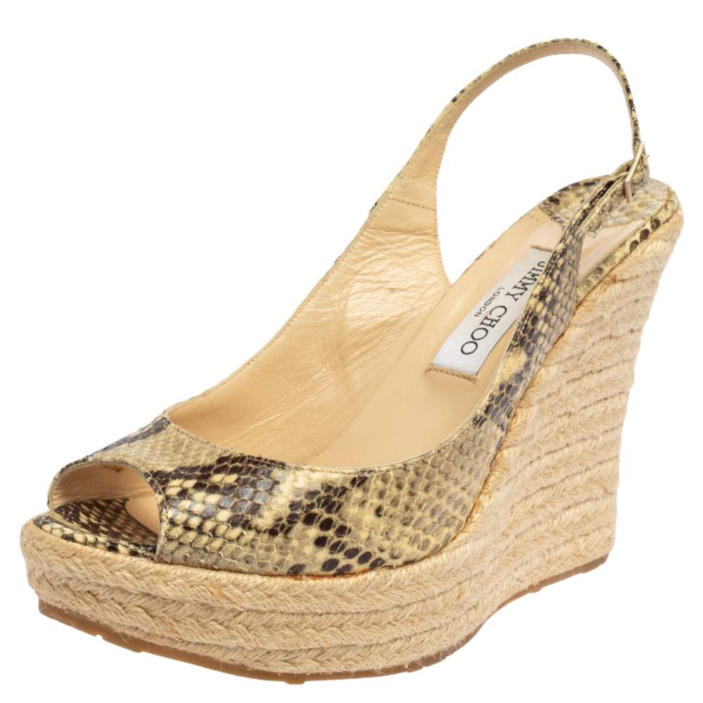 Jimmy Choo Beige/Brown Python Polar Espadrille Wedge Slingback Sandals Size 41.5