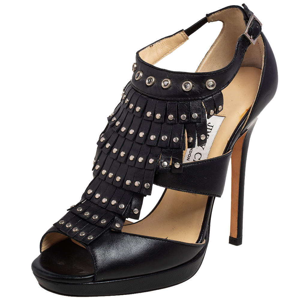 Pre Owned صندل جيمي تشو ميا جلد أسود مرصع نعل سميك مقاس 36