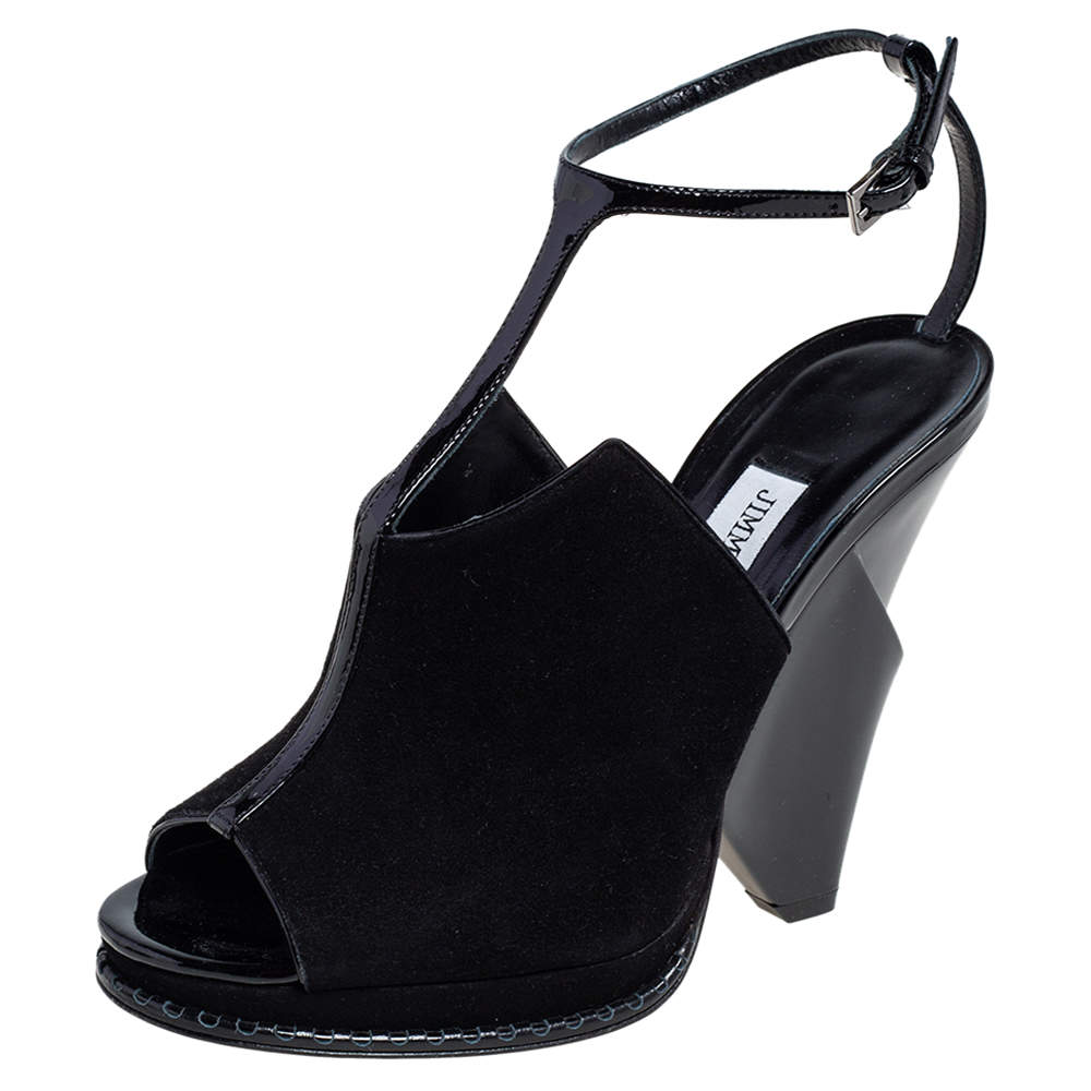 Pre Owned Jimmy Choo Black Suede and Patent Leather T Strap Peep Toe Sandals Size 37