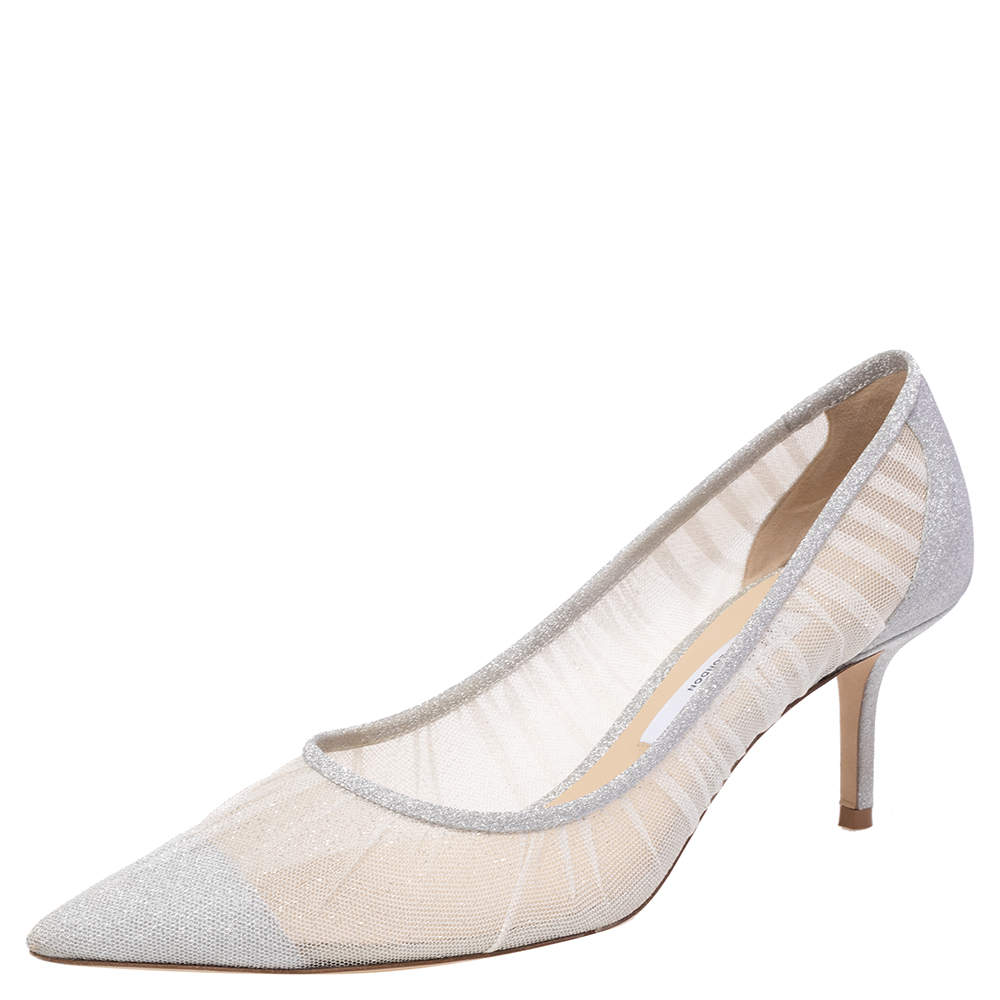 Pre Owned Jimmy Choo Silver/White Mesh and Glitter Fabric Tulle Love Pumps Size 39.5