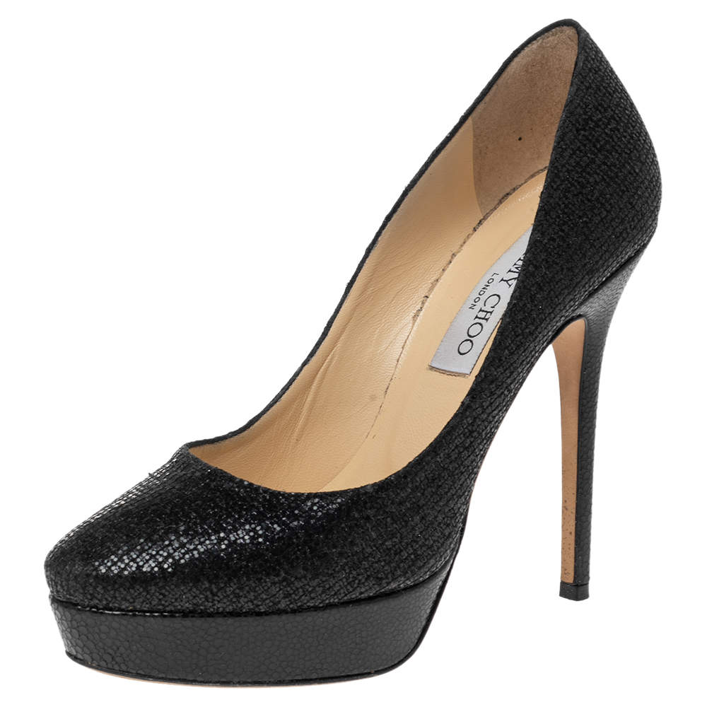 Pre Owned Jimmy Choo Black Glitter and Leather Cosmic Platform Pumps Size 36.5