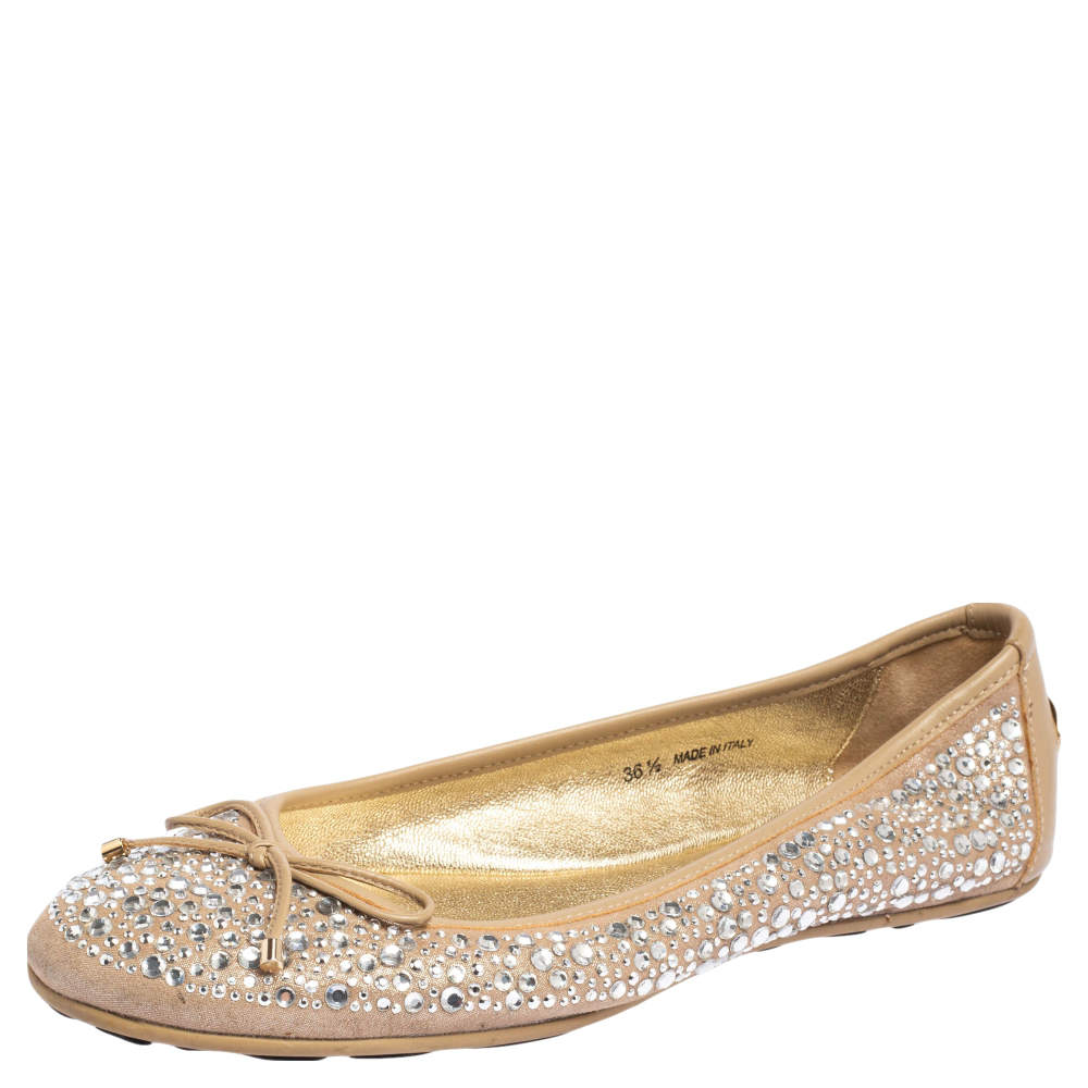 Pre Owned Jimmy Choo Beige Crystal Embellished Suede Weber Ballet Flats Size 36.5