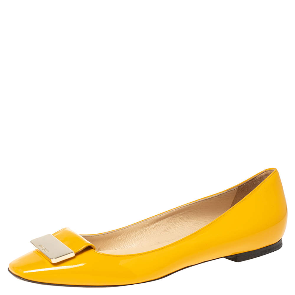 Pre Owned Jimmy Choo Mustard Patent Leather Harlow Ballet Flats Size 38.5