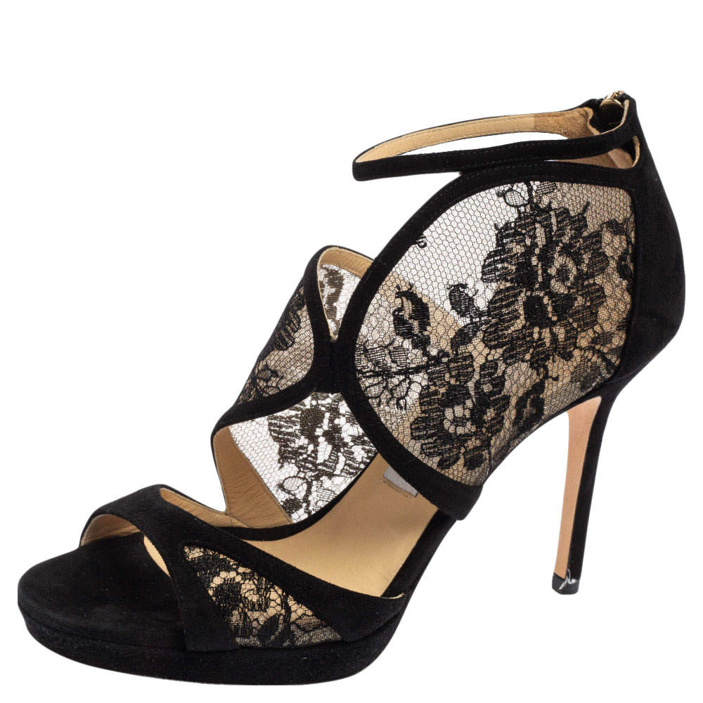 Pre Owned Jimmy Choo Black Suede Leather And Lace Cut Out Pointed Toe Sandals Size 36