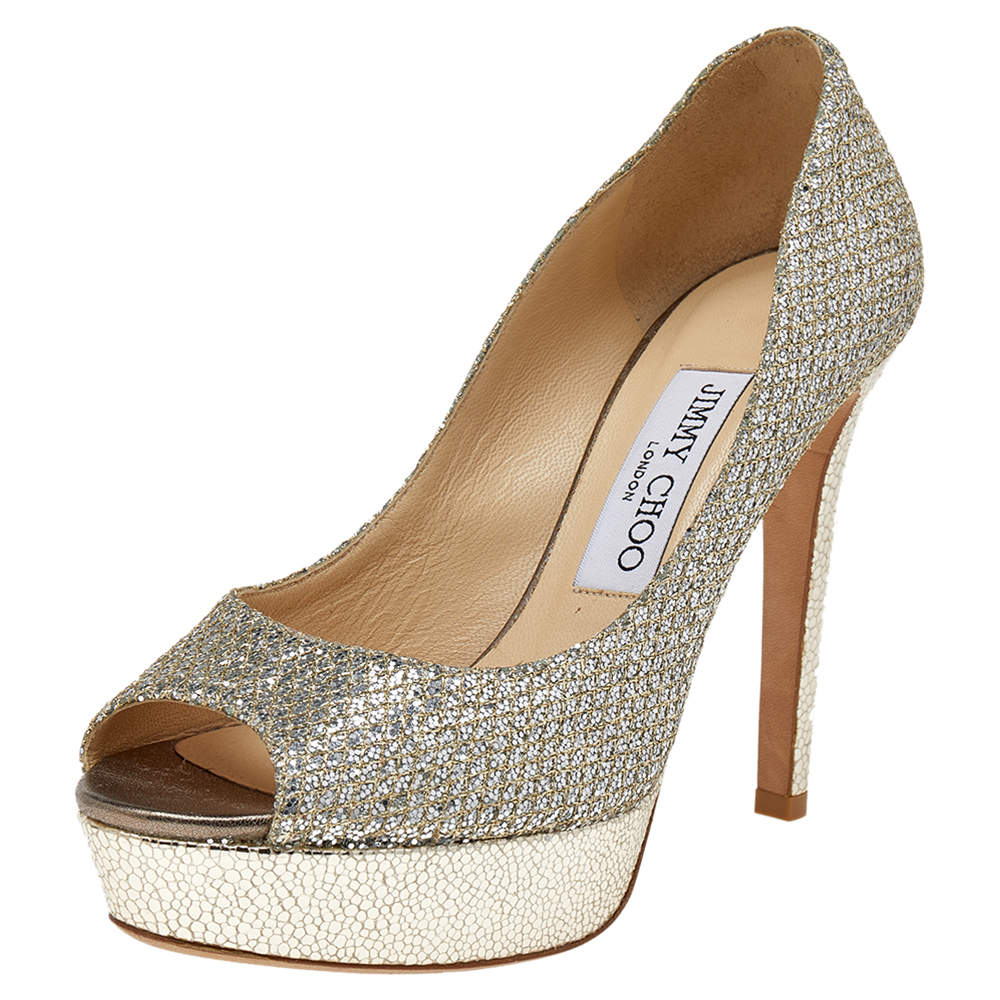 Pre Owned حذاء كعب عالي جيمي تشو داهليا نعل سميك غليتر ذهبي مقدمة مفتوحة مقاس 36