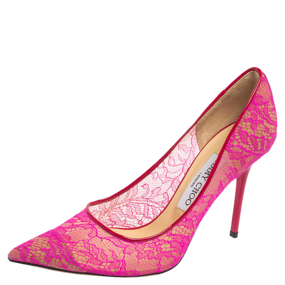 Jimmy Choo Raspberry Pink Lace and Patent Leather Abel Pointed Toe
