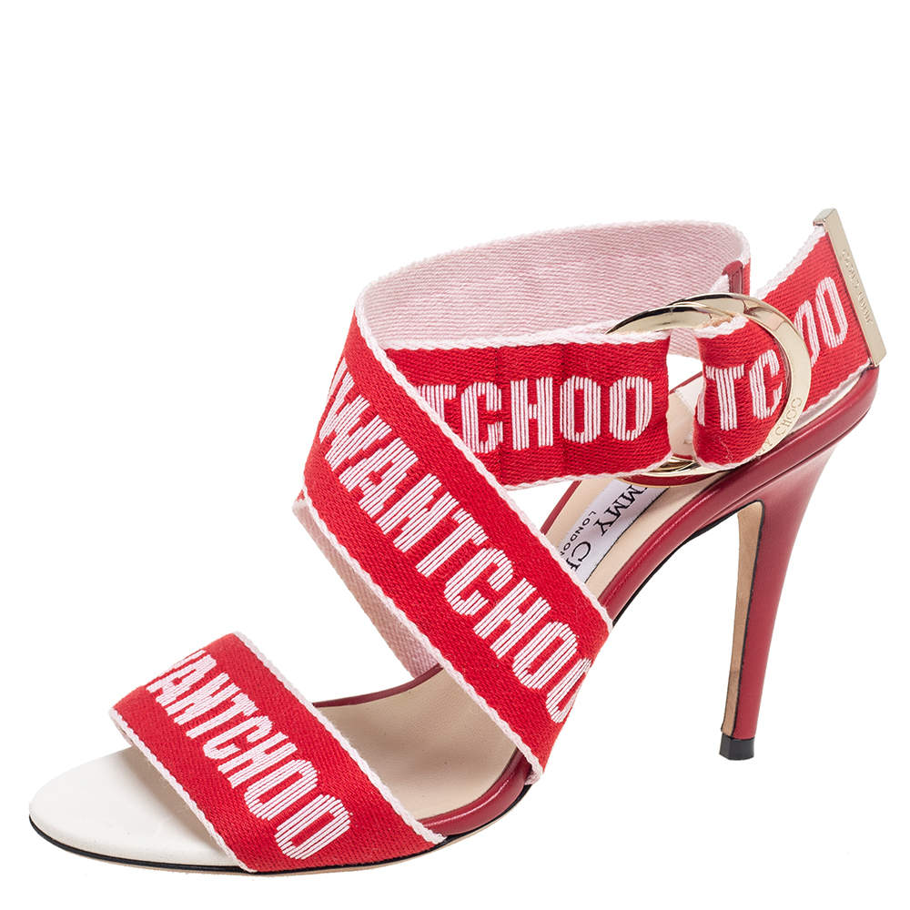 Pre Owned Jimmy Choo Red Canvas Bailey Ankle Wrap Sandals Size 37.5