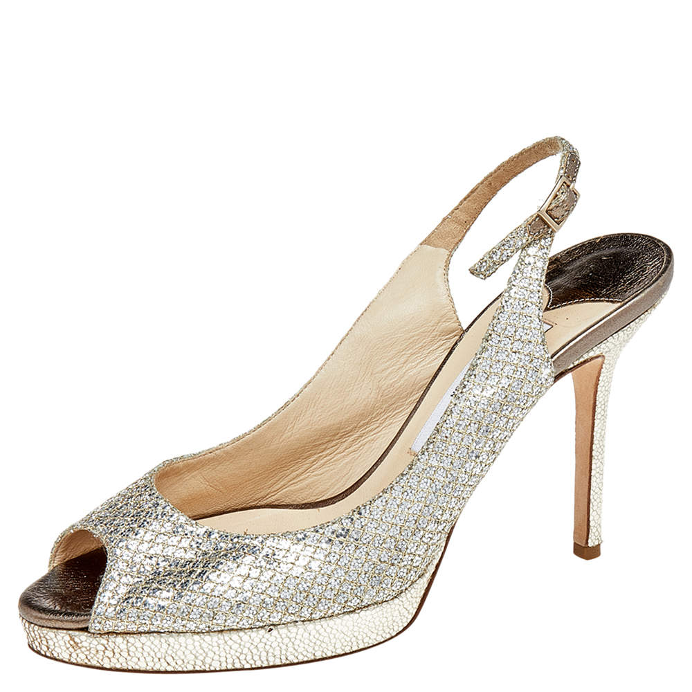 Jimmy Choo Metallic Gold Glitter Verity Peep Toe Slingback Platform Sandals Size 38