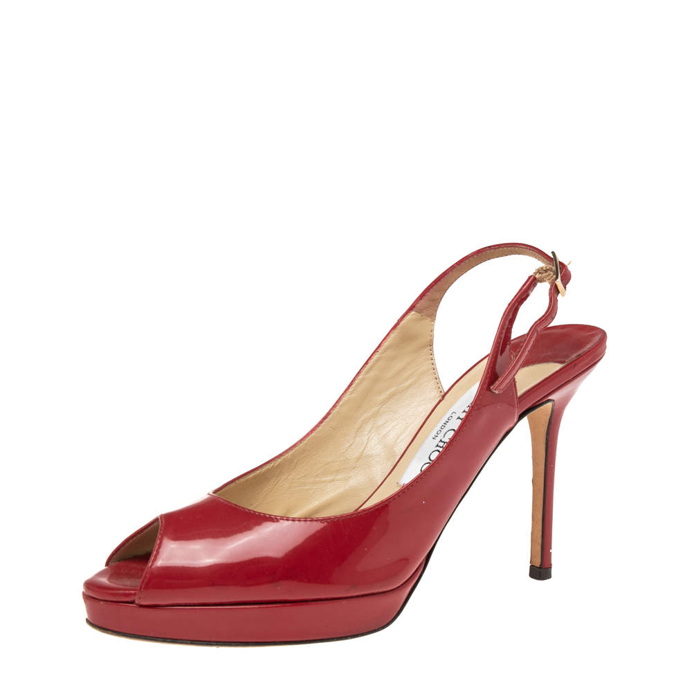 Pre Owned Jimmy Choo Red Patent Leather Nova Peep Toe Slingback Sandals Size 36.5