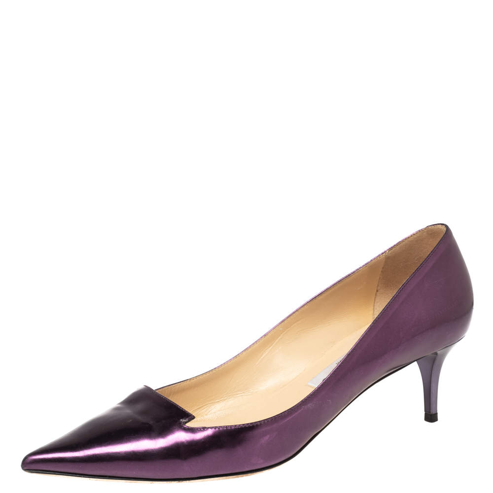 Pre Owned حذاء كعب عالي جيمي تشو الوري جلد بنفسجي ميتاليك مقدمة مدببة مقاس 38.5