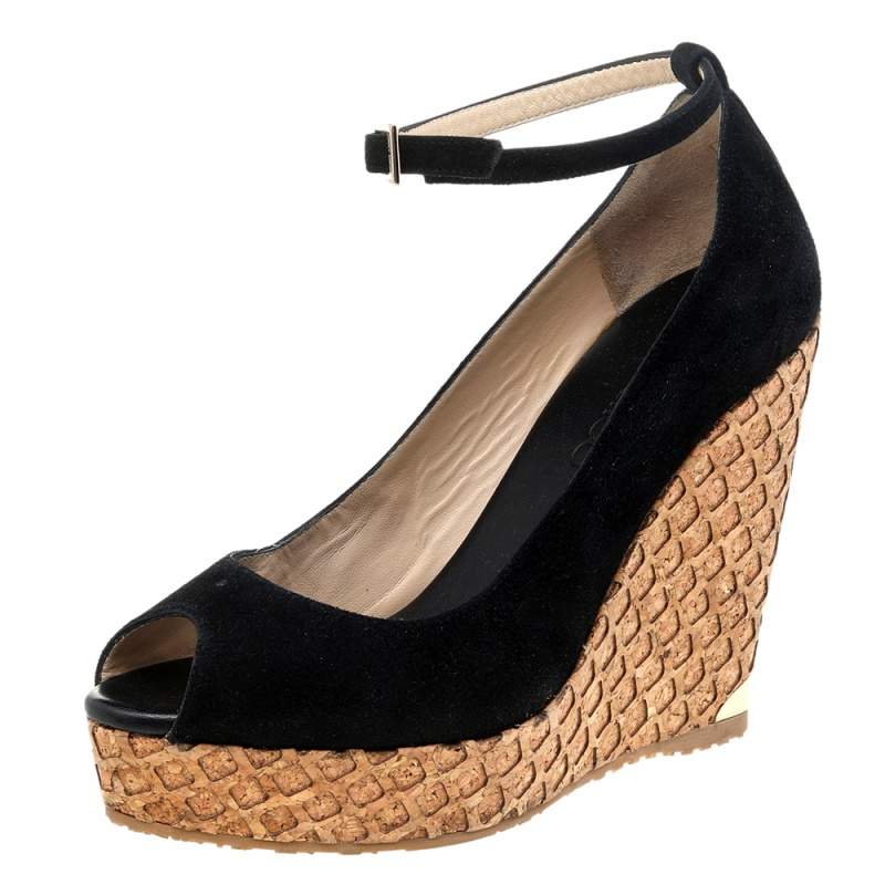 Pre Owned Jimmy Choo Black Suede Pacific Wedge Platform Ankle Strap Pumps Size 37.5