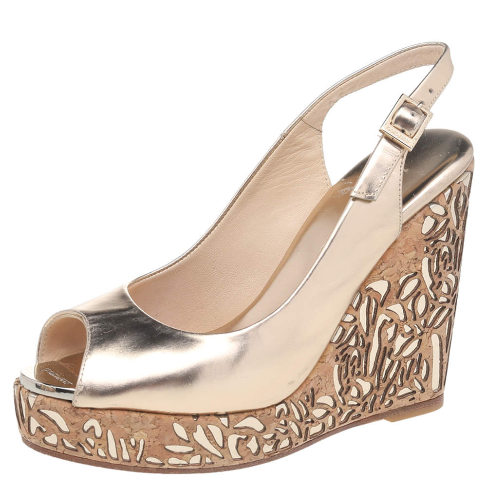 Pre Owned Jimmy Choo Metallic Gold Leather Prova Wedge Slingabck Sandals Size 36.5