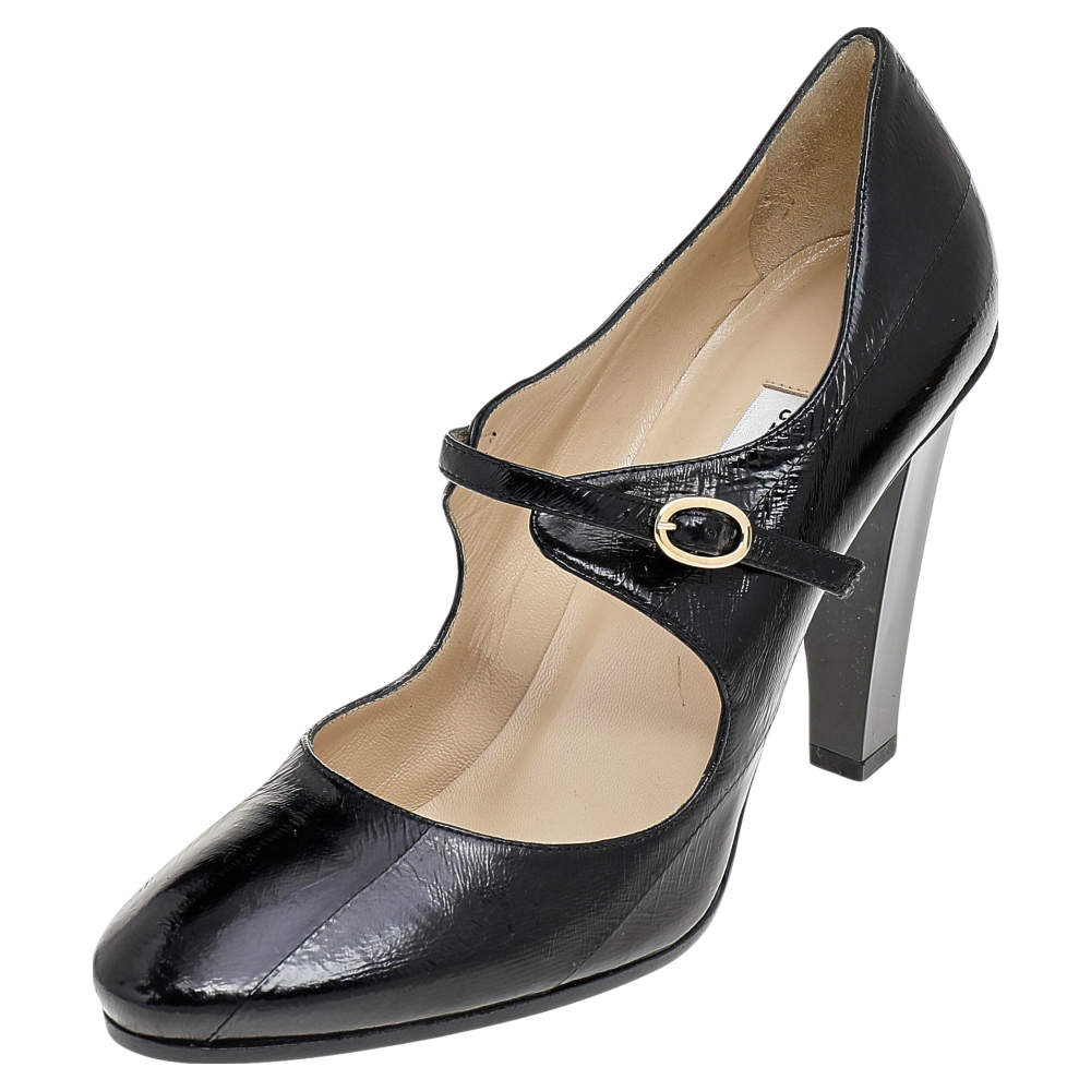 Pre Owned حذاء كعب عالي جيمي تشو ماري جين جلد أنقليس أسود مقاس 38.5