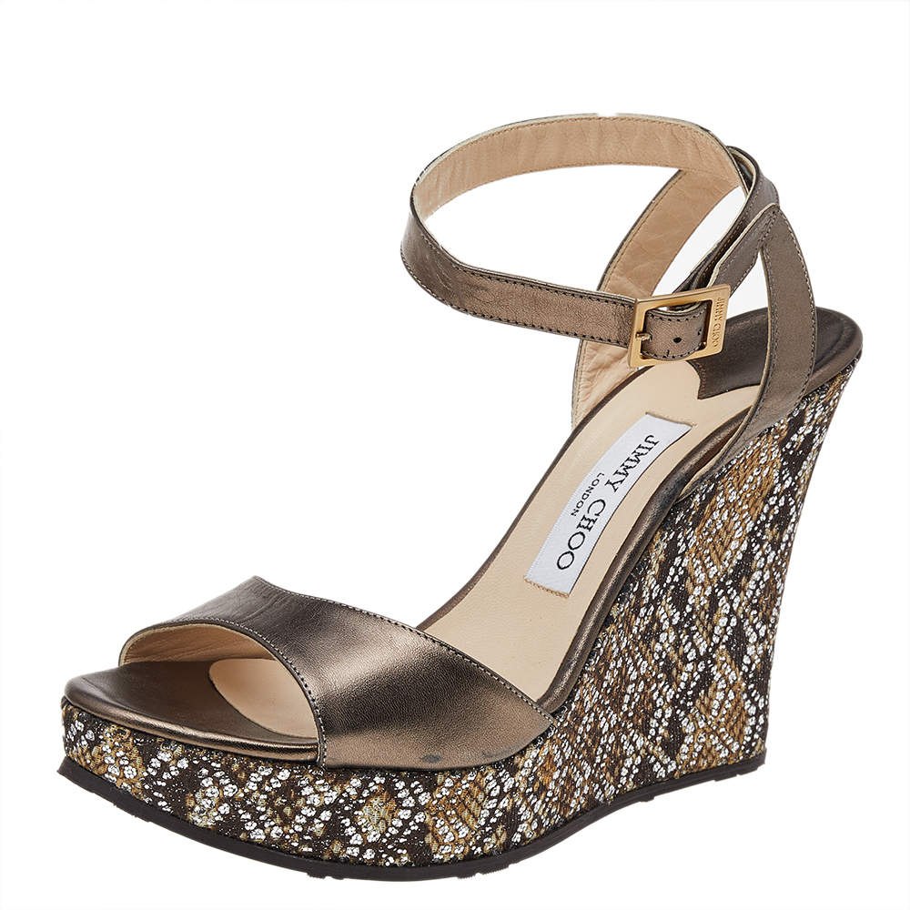 Pre Owned Jimmy Choo Metallic Leather Wedge Platform Sandals Size 41