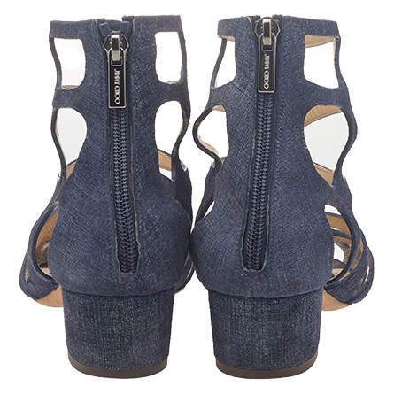 Pre Owned Jimmy Choo Navy Blue Fabric Ren 35 Caged Block Heel Sandals Size 38.5