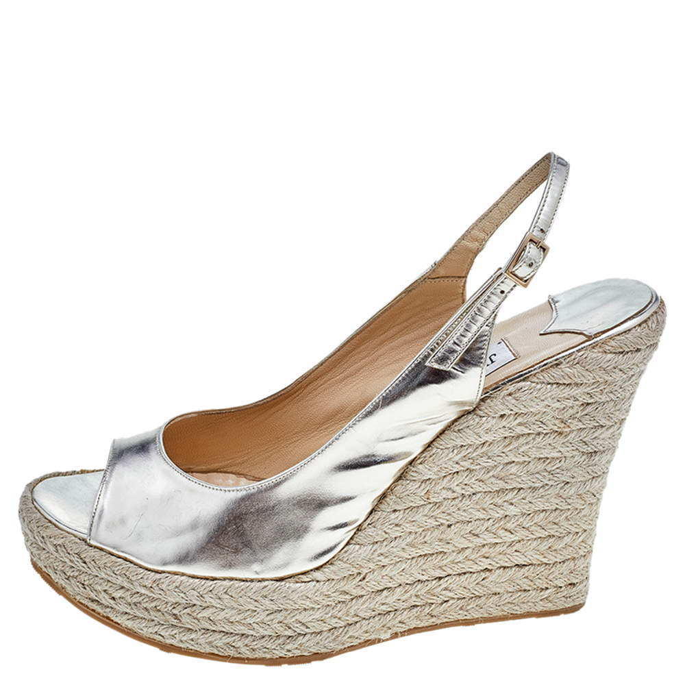 Pre Owned Jimmy Choo Gold Leather Espadrille Platform Wedge Slingback Sandals Size 41