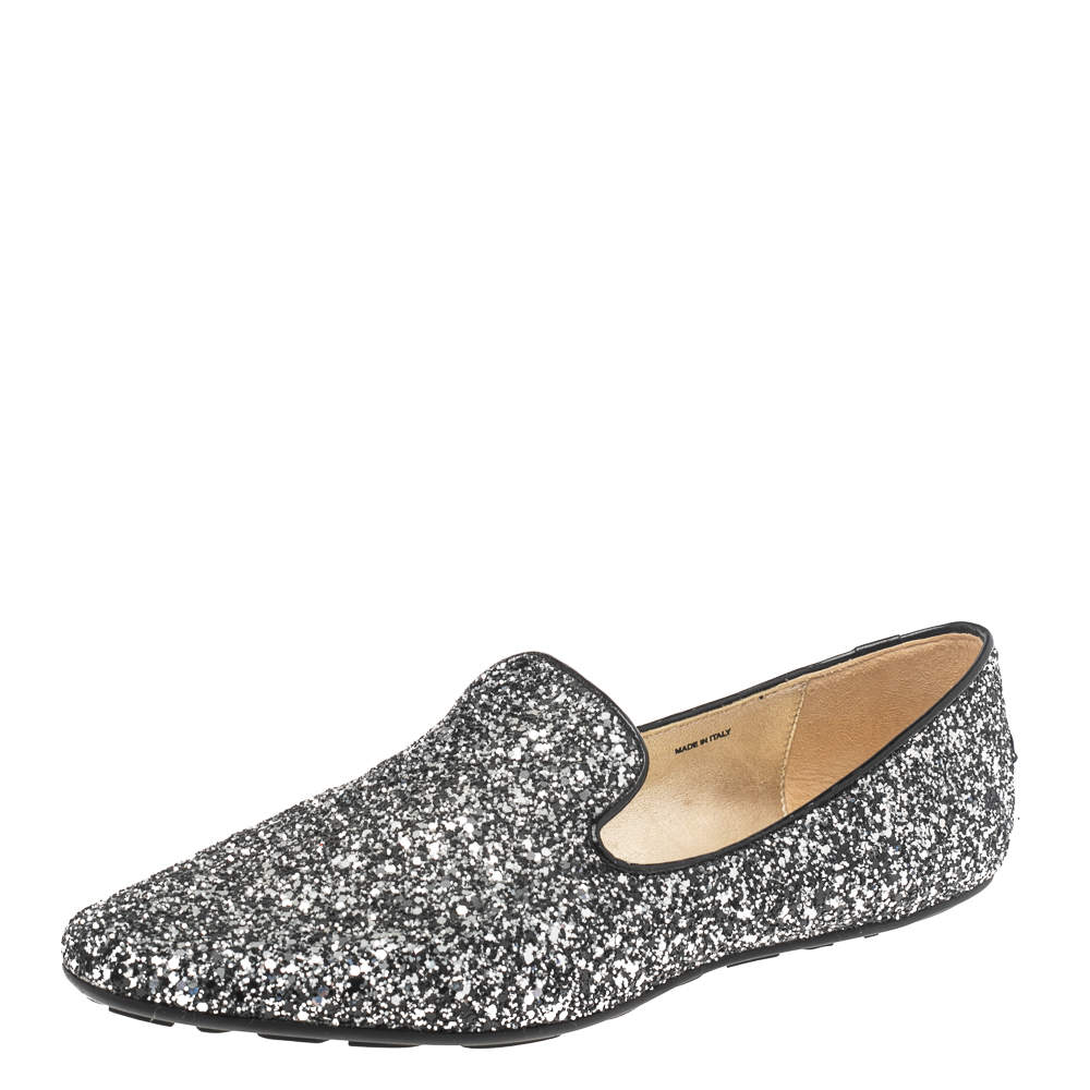 Jimmy Choo Black/Silver Glitter Sloane Smoking Slippers Size 42