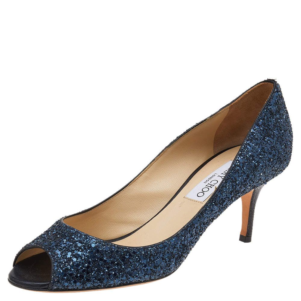 مملوكة مسبقًا Jimmy Choo Blue Glitter Leather 'Isabel' Peep Toe Pumps Size 38.5