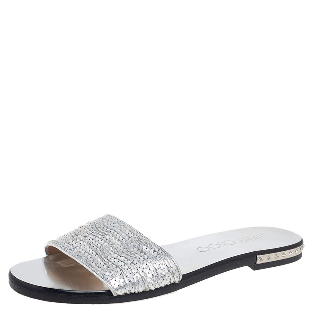 Pre Owned Jimmy Choo Silver Leather Slip On Flat Sandals Size 37