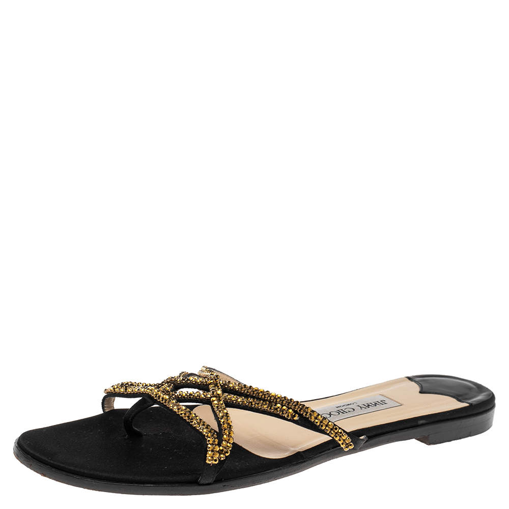 Pre Owned Jimmy Choo Black Satin Crystal Thong Flats Sandals Size 41.5