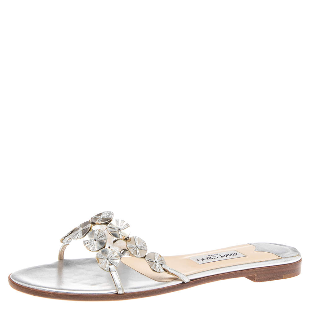 مملوكة مسبقًا Jimmy Choo Silver Leather Embellished Flat Slides Size 41.5