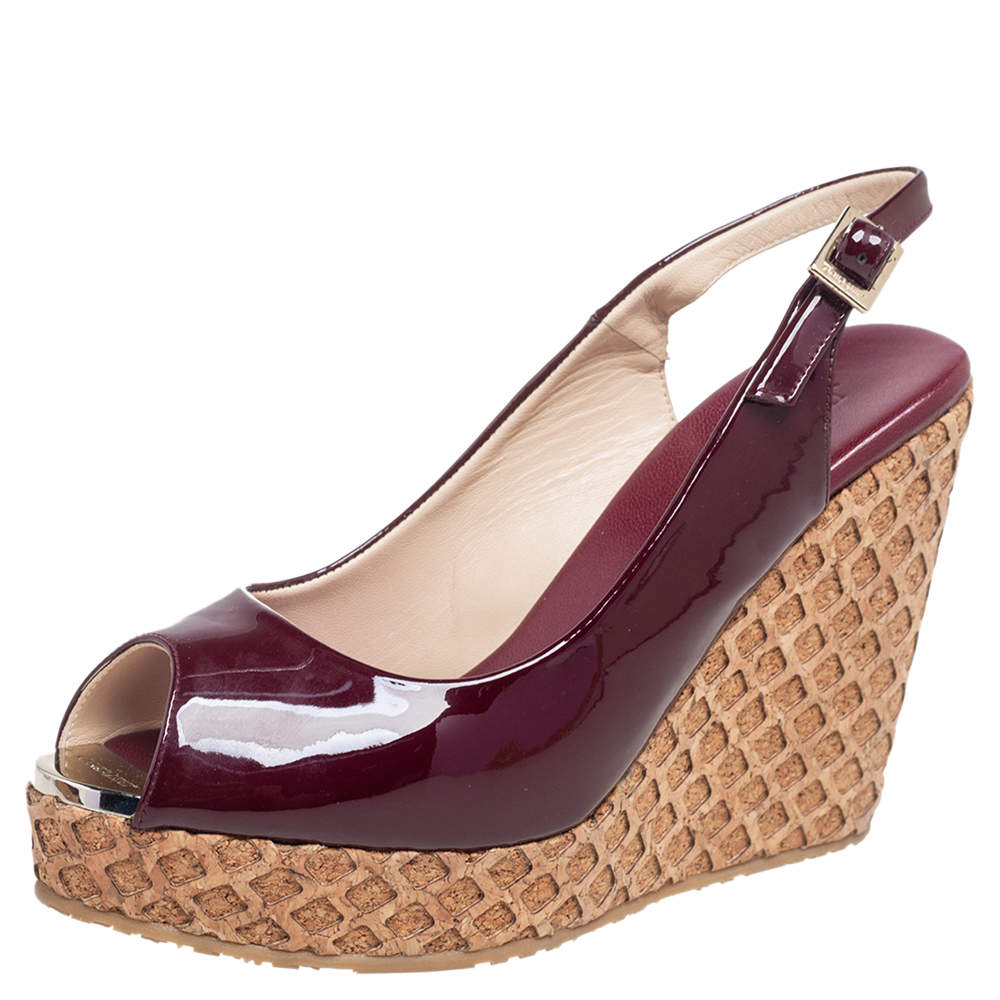 Pre Owned Jimmy Choo Burgundy Patent Leather Prova Cork Wedge Peep Toe Platform Slingback Sandals Size 38