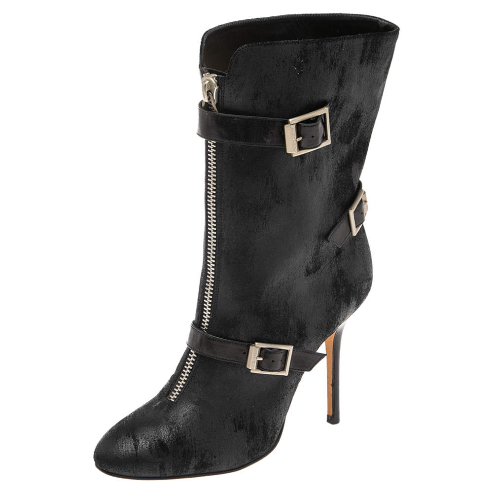 Pre Owned Jimmy Choo Black Waxed Suede Aggy Mid-Calf Boots Size 38