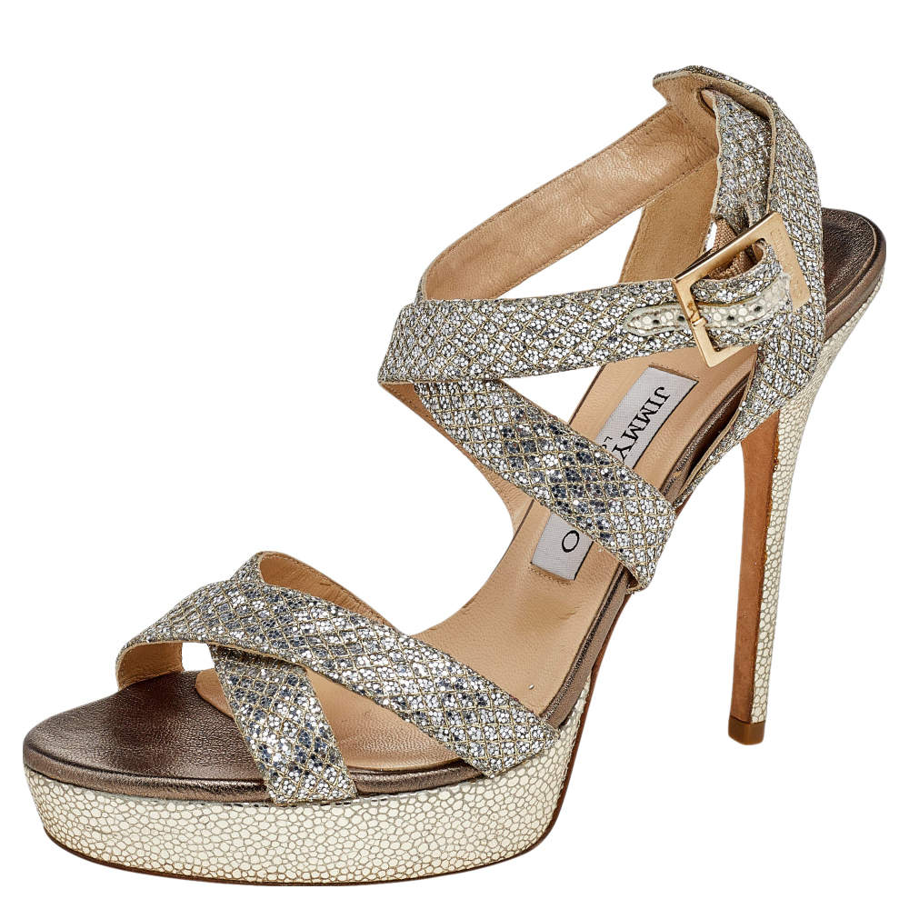 Pre Owned Jimmy Choo Silver/Gold Glitter And Lamé Vamp Platform Ankle Strap Sandals Size 39.5 
