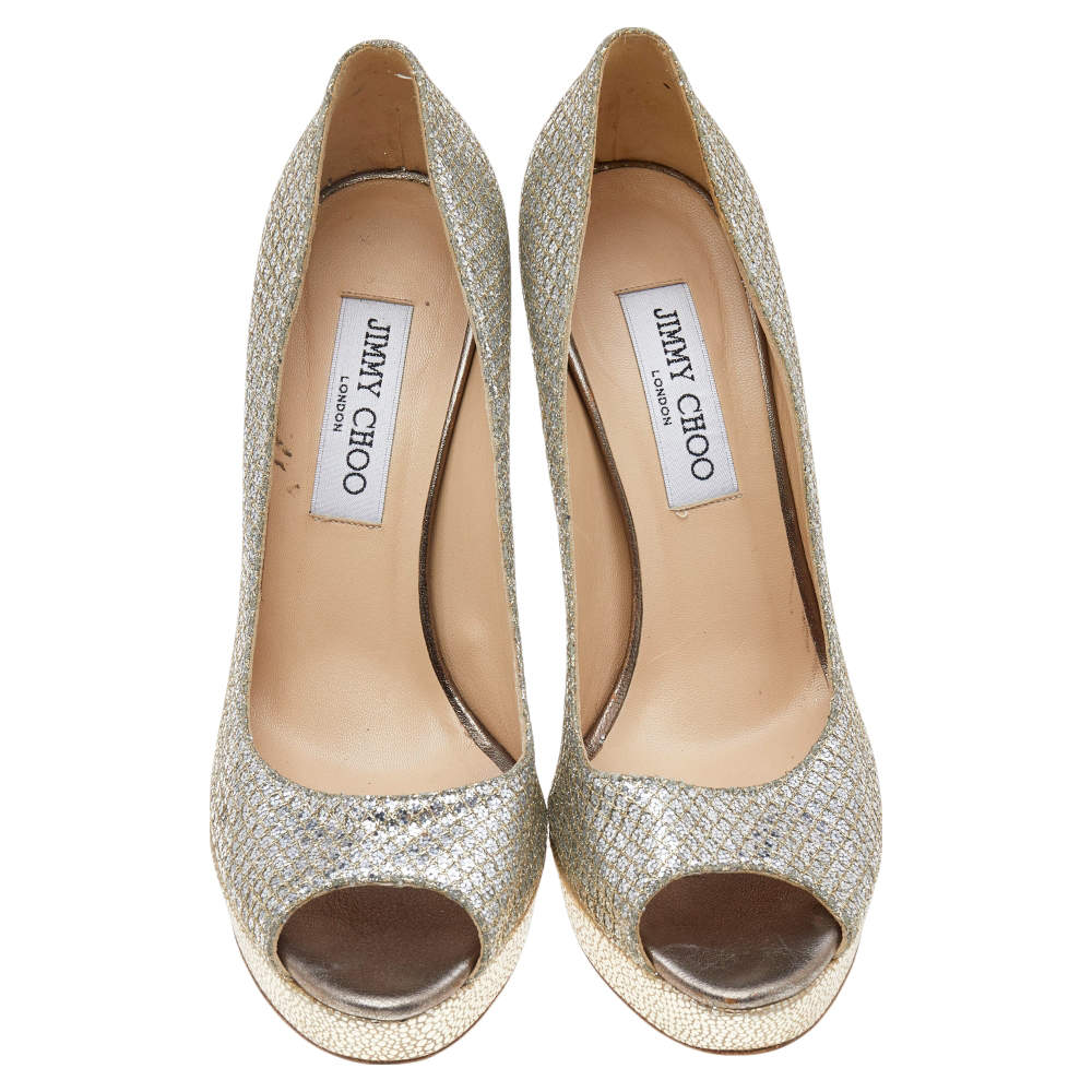 Jimmy Choo Gold Glitter Luna Peep Toe Platform Pumps Size 38 Jimmy Choo