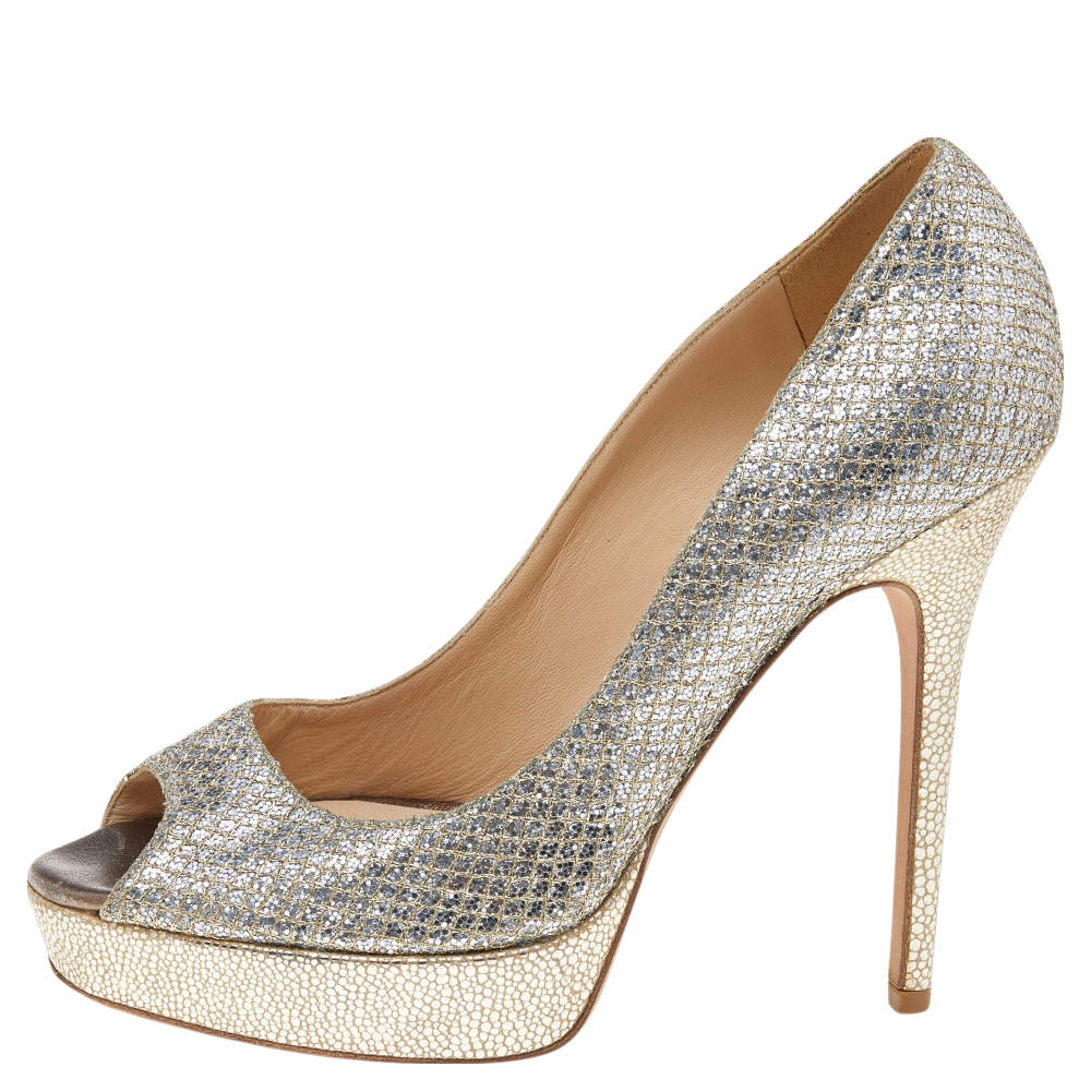 Pre Owned Jimmy Choo Gold Glitter Luna Peep Toe Platform Pumps Size 38