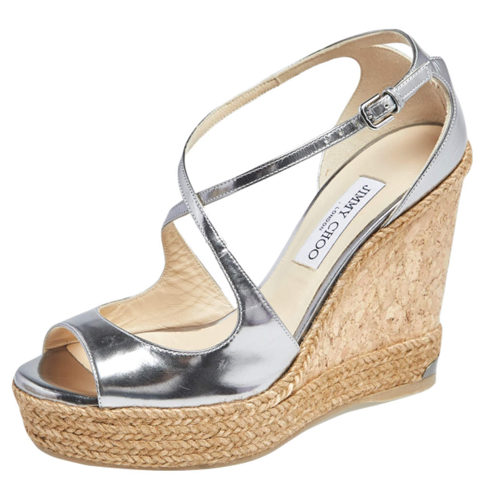 Pre Owned Jimmy Choo Silver Leather Espadrille Wedge Sandals Size 40