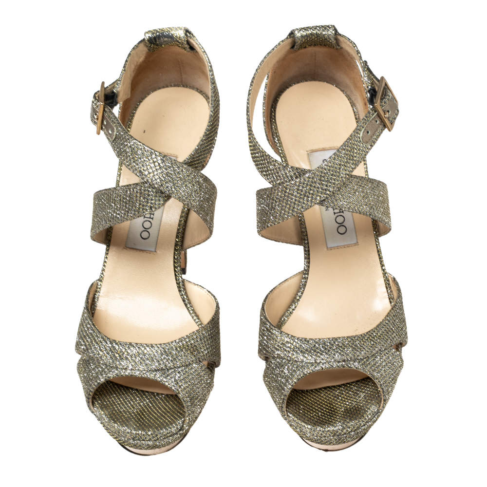 Pre Owned Jimmy Choo Gold Lamé Glitter Fabric Kuki Platform Sandals Size 37