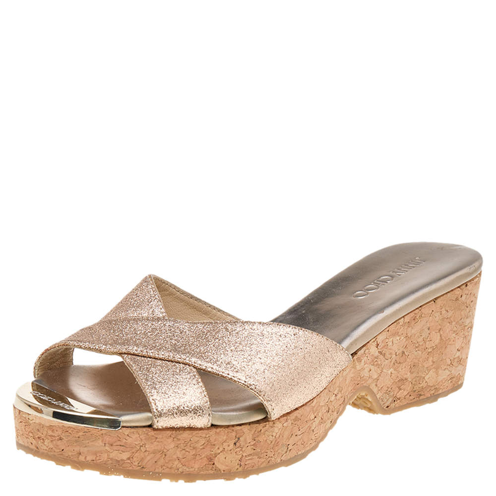 Pre Owned Jimmy Choo Gold Glitter Prima Cork Wedge Sandals Size 35