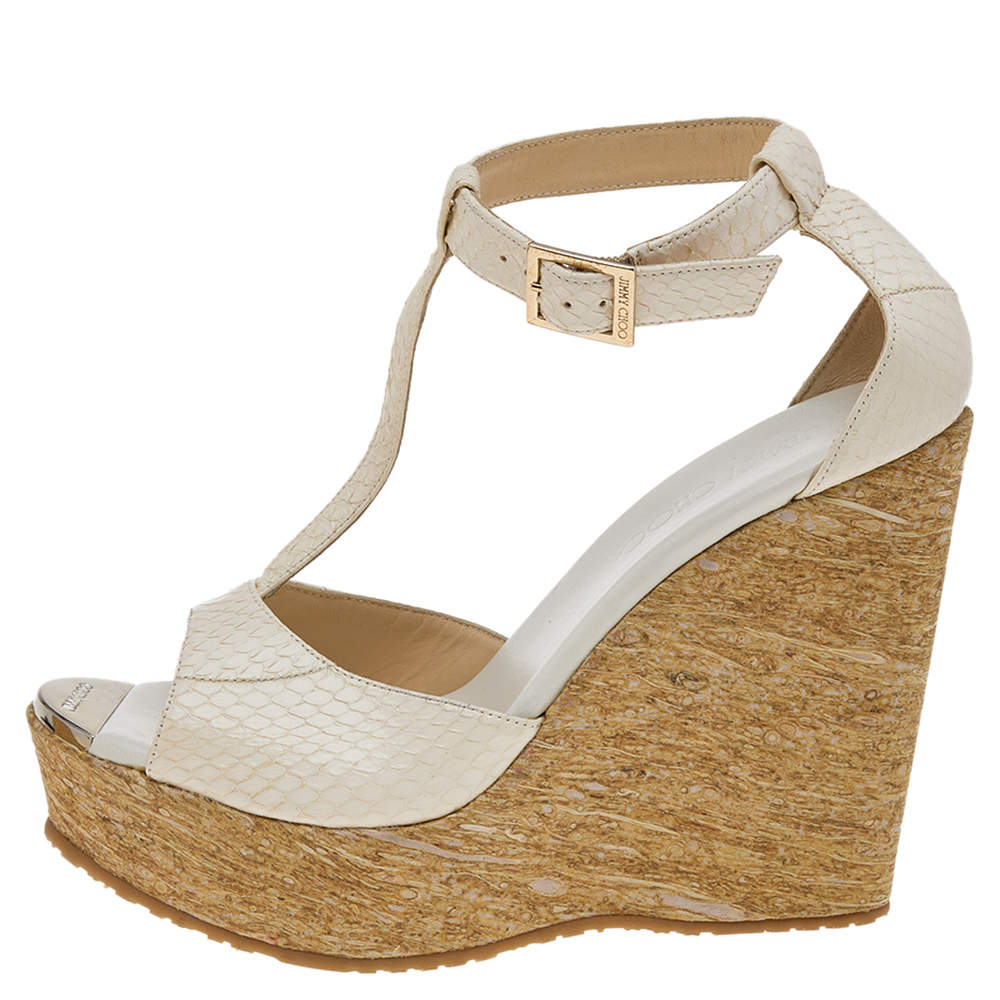 Jimmy Choo London 'Aleili' White Ankle Strap Leather Cork Wedge Size EU 40/US shops 10