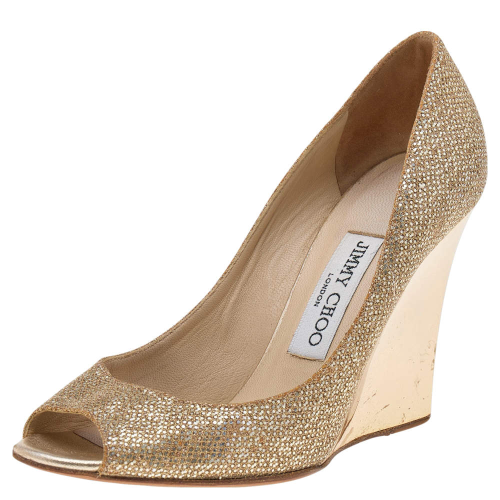 Pre Owned Jimmy Choo Metallic Gold Glitter Fabric Baxen Peep Toe Wedges Pumps Size 36.5