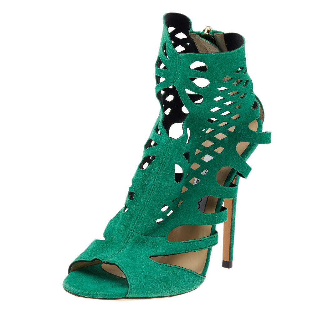 Pre Owned Jimmy Choo Green Suede Cut Out Ankle Boots Size 37.5