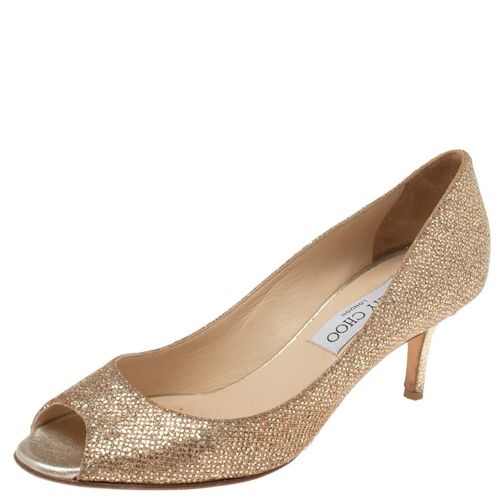 Pre Owned Jimmy Choo Gold Glitters Evelyn Open Toe Pumps Size 36