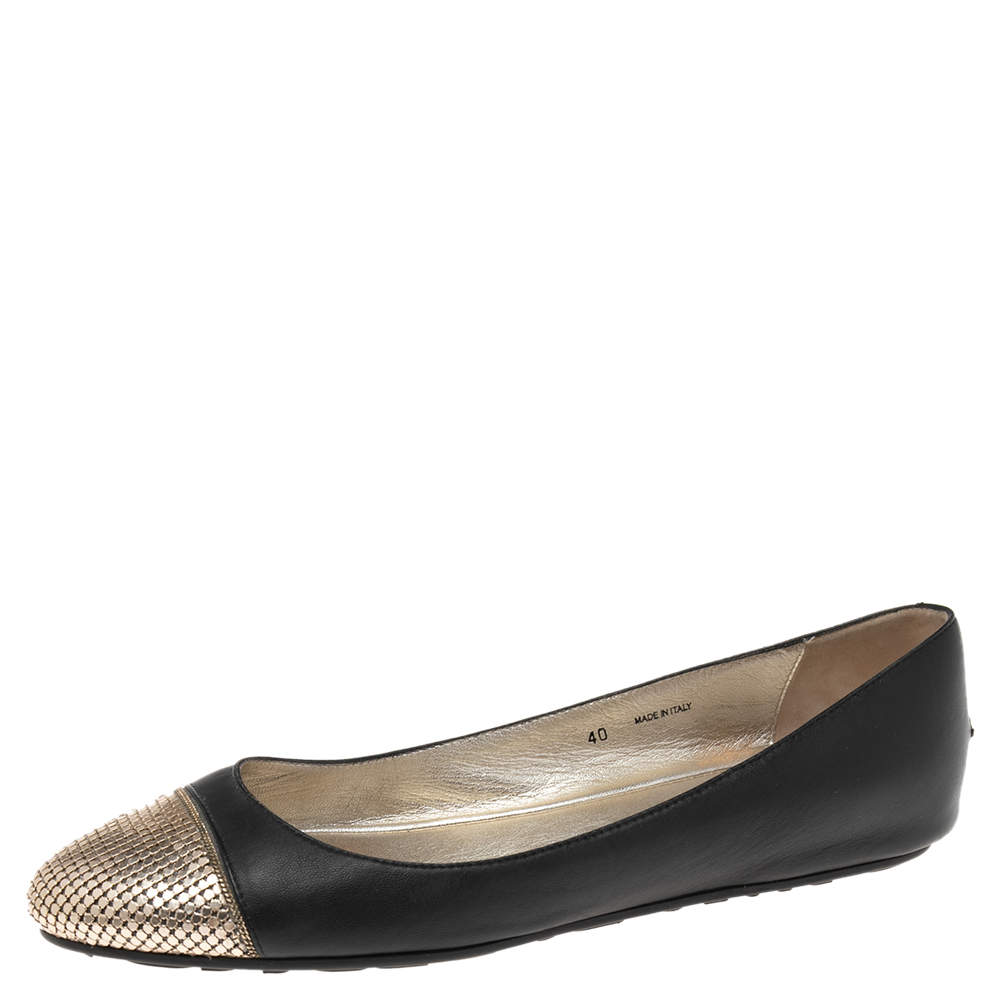 Jimmy Choo Black Leather and Gold Waine Crystal Embellished Cap-Toe Ballet Flats Size 40