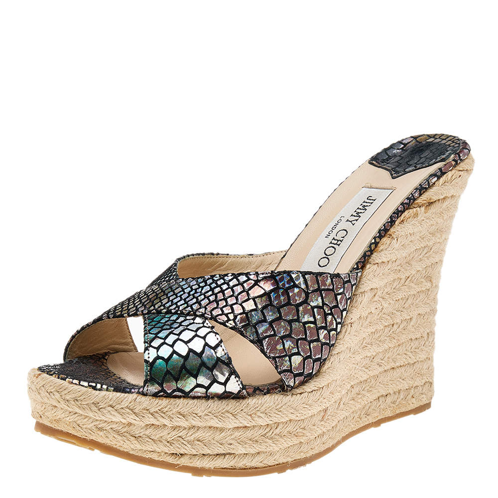 Pre Owned حذاء سلايد إسبادريل كعب روكي جيمي تشو إفيك فيليس جلد ثعبان هولوغرافي متعدد الألوان مقاس 39.5