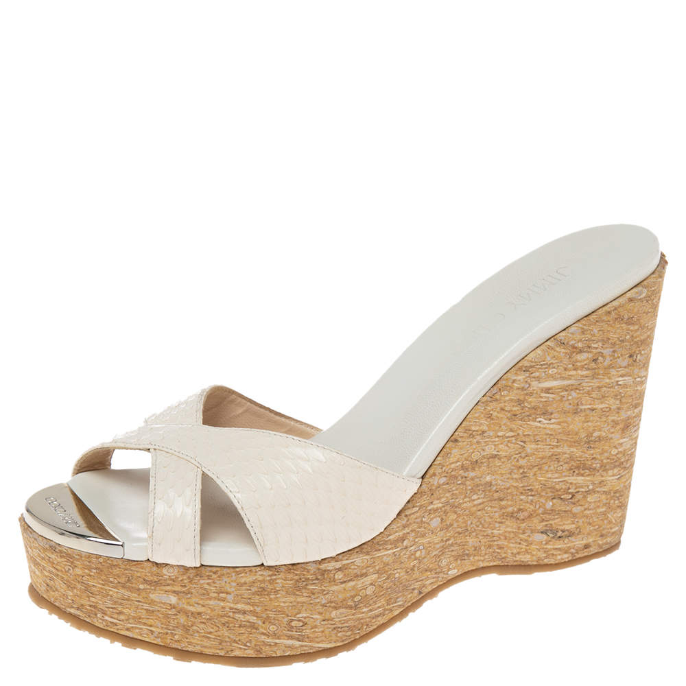 Pre Owned Jimmy Choo White Snakeskin Crisscross Prima Cork Wedge Slide Sandals Size 35