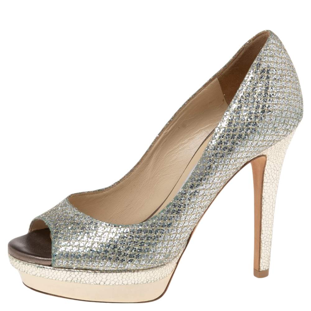 Pre Owned Jimmy Choo Silver Glitter Fabric Dahlia Platform Peep Toe Pumps Size 35